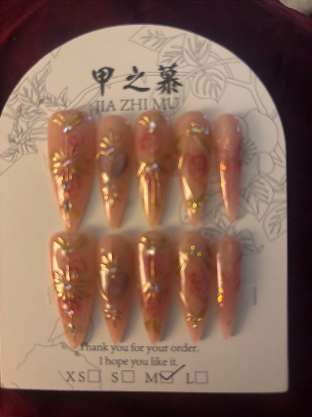 Peach Pink Stiletto Press-On Nails with Gold Floral Accents